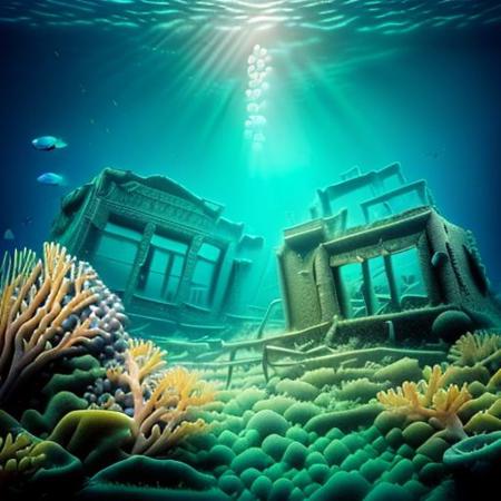 ((((hiperrealistic)))), ((((high quality)))), ((((underwater)))), ocean monument, (((ruined underwater city))), fishes, ((fish bank)), ((coral reef)), ((glowing beneath the waves)), UnSea