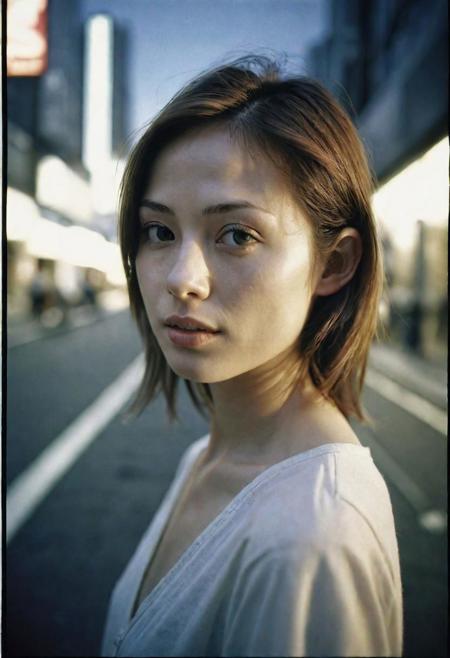 1 girl, (30 years old slim girl),(beautiful face,exquisite face,skin texture:1.2) half body portrait, (ultra-wide angle:1.4),  pale skin, (masterpiece,best quality,ultra high res:1.2),(photo-realistic:1.3),from side and below, tokyo street, cool light, ilford hp5 400 analof film, faded, dusk, flash photography, low contrast, <lora:add-detail-xl:-1>
