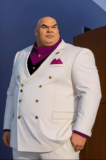 masterpiece, best quality, kingpin, upper body, formal suit, looking at viewer, simple background <lora:Kingpin_v1:1>