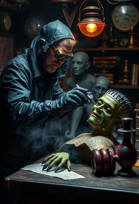 A mad scientist in his lair, wearing black rubber overcoal, galoshes, thick rubber gloves, and brass goggles, works on frankenstein's monster on a table, rainbow monster, steampunk, cyberpunk, hyper maximalism