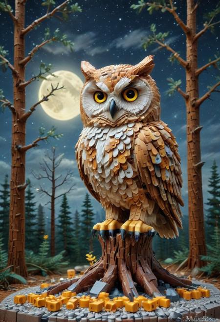 LEGO, detailed LEGO owl perched on a branch made of stacked brown bricks, glowing yellow LEGO eyes, pixelated moon in the background, surrounded by geometric LEGO trees and low-poly clouds, SDXL, whimsical and textured, nighttime toy diorama