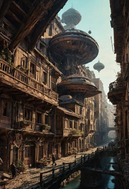 Visualize a futuristic city with flying saucers, geometry and digital artwork by Beksinski, symbolizing online community in the style of incorporate elements dark landscape details, photo taken on hasselblad,   is filled with details: rough-hewn wooden beams, that evoke a sense of magic, building with a large spaceship complex, elegant, expansive, fantastical, film photography style, heavy grain