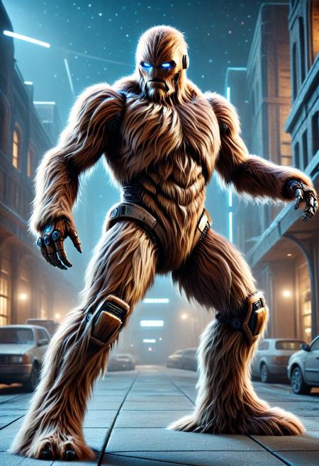 dynamic pose, low light, night time, robot, android, covered in fur, made of w00kiee, science fiction. sci-fi, architecture, outdoors, dynamic composition, absurdres, high quality, masterpiece