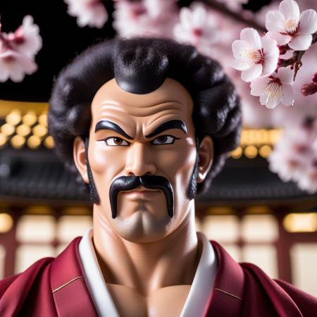 professional studio photo:1.4,50mm 1.4,Mr. Satan man, solo, 1boy, male focus,close up,portrait,japanese temple,sakura blossom,soft lighting,<lora:mr_satan-000007:1>