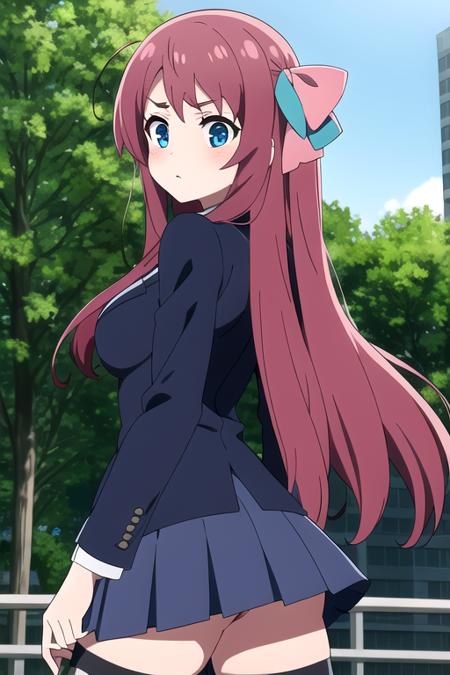 absurdres,  red eyes, upper body, shirt, skirt,thighhighs,ass, pink hair, hair ribbon,  blue eyes ,<lora:SakuraMinamotoR4:0.7>,SakuraMinamotoR4,