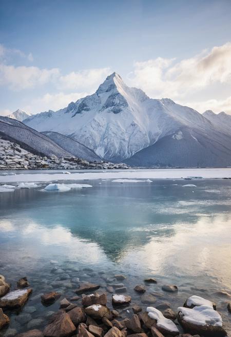 a mountain with a snowy backdrop and water, in the style of canon eos 5d mark iv, romantic seascapes, goosepunk, iso 200