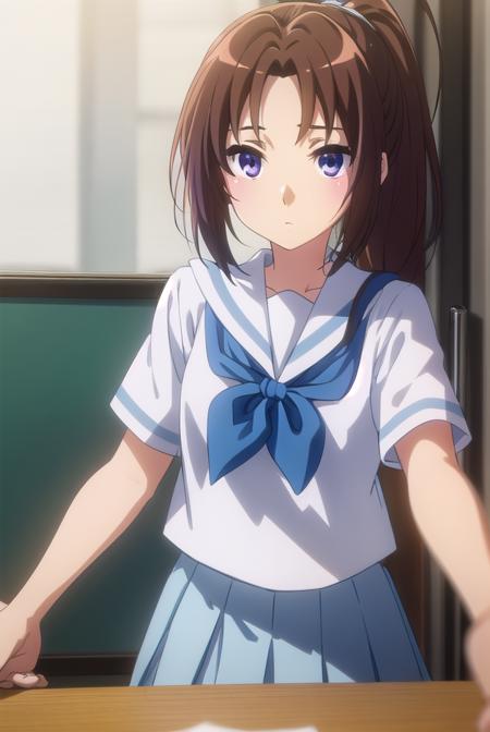 natsukinakagawa, <lora:natsuki nakagawa s2-lora-nochekaiser:1>,
natsuki nakagawa, nakagawa natsuki, long hair, brown hair, (purple eyes:1.2), ponytail, (parted bangs:1.5),
BREAK skirt, shirt, school uniform, white shirt, short sleeves, pleated skirt, serafuku, sailor collar, blue skirt, neckerchief, blue sailor collar, school bag, blue neckerchief, kitauji high school uniform,
BREAK indoors, classroom,
BREAK looking at viewer, (cowboy shot:1.5),
BREAK <lyco:GoodHands-beta2:1>, (masterpiece:1.2), best quality, high resolution, unity 8k wallpaper, (illustration:0.8), (beautiful detailed eyes:1.6), extremely detailed face, perfect lighting, extremely detailed CG, (perfect hands, perfect anatomy),