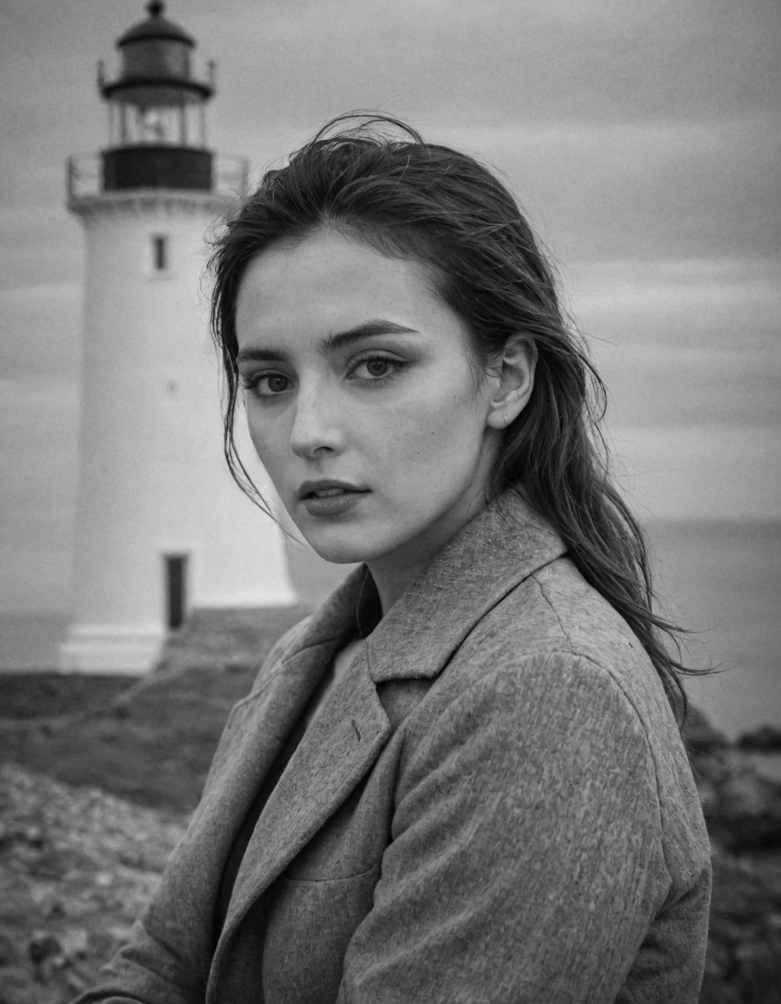 A woman in a grey jacket standing by a lighthouse.
