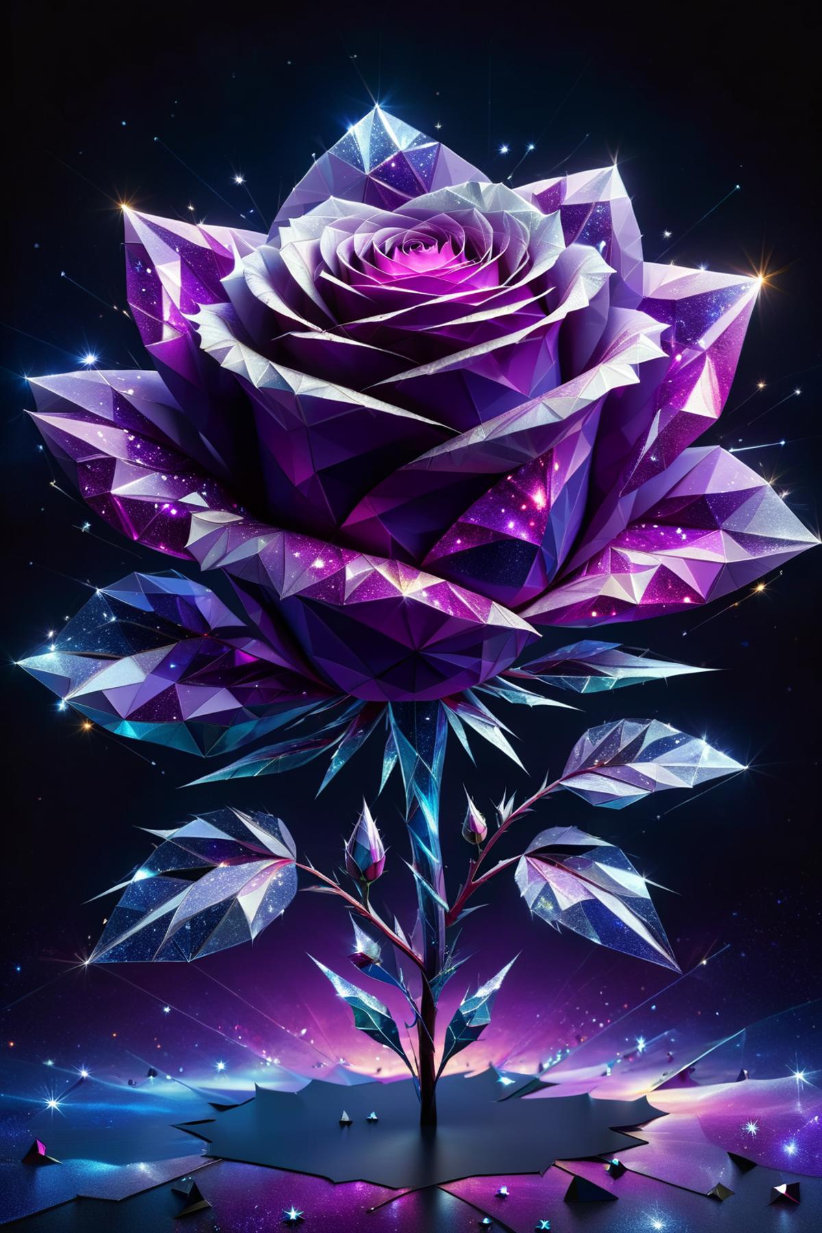 Colorful 3D Rose with Crystal Petals and Leaves, Purple and Blue Background