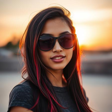 woman portrait,20yo, mulatto latino appearance, sport sunglasses, black and red long hair style, background blurred, sunset in the background, sunny day