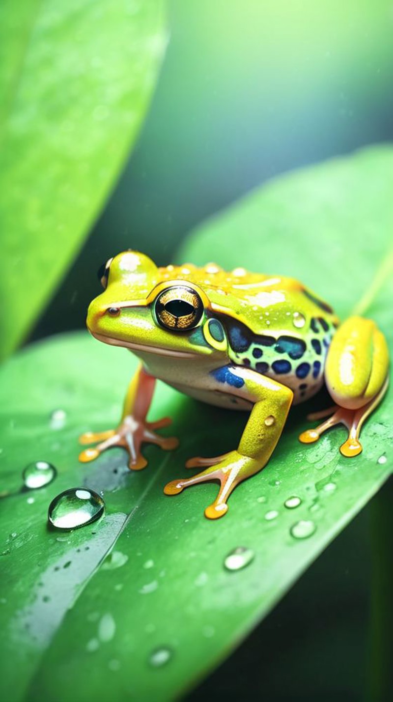 a frog sitting on a leaf with water droplets on it's surface and a green leaf in the background, cloisonnism, a macro phot...