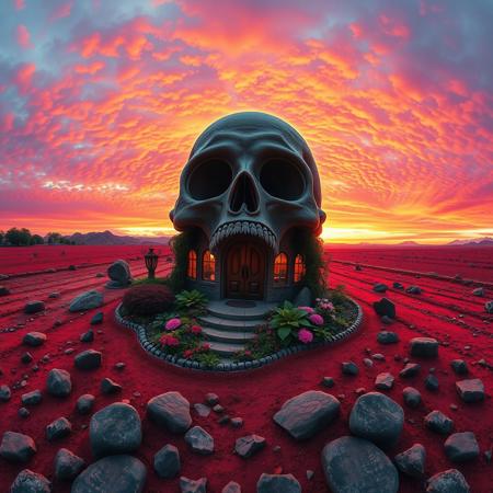 wide angle landscape image of an intricately designed, gothic-inspired house shaped like a human skull, with a grand, ornate entrance in its mouth and two circular windows resembling eyes, stands alone in a crimson-hued plain littered with jagged rocks. a neat garden surrounds the house, adorned with vibrant, curly vines and exotic flowers, as the sky above is set aflame by a vivid, pink-orange-purple sunset, casting a warm, golden glow over the entire scene