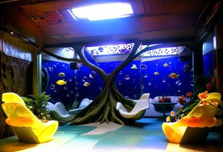 Photograph, masterpiece,best quality, of An astonishing award winning, art installation, the interior of an incredible starship, poly acrylic resin molded tree sculptures, fake plastic flowers, 1970s Brazilian Tropicalia retrofuturism, in the style of Pipilotti Rist, complex shadows, retro, science fiction style