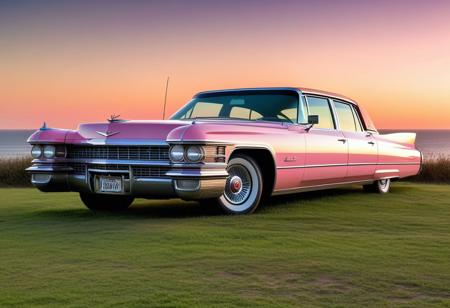 very realistic photograph of a pink Cadillac – La Fleetwood Series 60 car parked in a field, in sunset lighting, sea background, extremely detailed