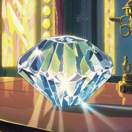 high-quality 4k hd anime screencap in vwst artstyle of a transparent crystal through which a ray of light shines on a table