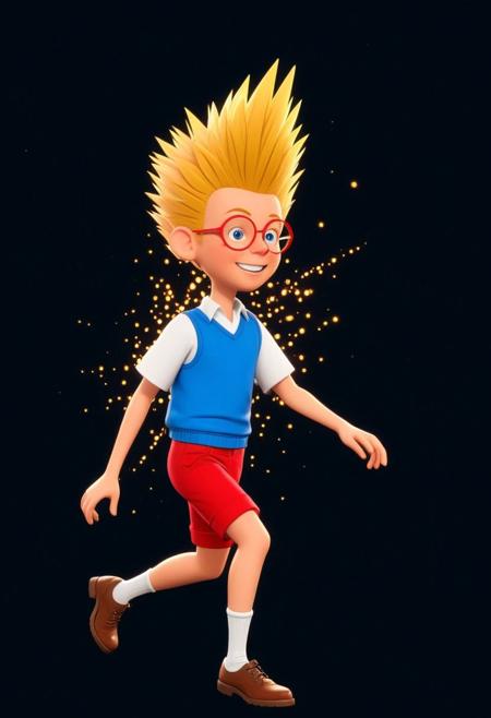 Character, Lewisrobinson, blonde spiky hair,red glasses, blue vest, red shorts, white shirt, cartoon style, brown shoes, white socks.  proud face, excited pose, in the style of golden future. gears are falling as meteor shower colored baroque geometric patterns float around the canvas in the style of colorful digital art. The image has a futurist aesthetic with a nice futuristic disorder and psychedelic color palette. Black background, neon lights, glitch art, surrealism, high contrast, vibrant colors, psychedelic patterns, ethereal glow. The overall mood should be one of happy tomorrow and hopefull beauty.It's like something in the style of science fiction.Lewisrobinson, cartoony, by Anonanim