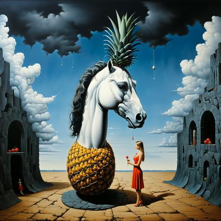 Surrealist art  <lora:FF-Style-Rafal-Olbinski.LORA:1> in the style of rafal oblinski, a collage of paintings with a woman, a pineapple and a horse, the absurdity of love in a loveless world full of clowds and waterwalls. hyperdetailed, oblinski painting, expanded surrealism, neosurrealism, pop surrealism, surrealist art, perfect composition, abstract, innovative, dreamlike, mysterious, provocative, symbolic, intricate, detailed, revolutionary masterpiece  <lora:xl_more_art-full_v1:0.8>