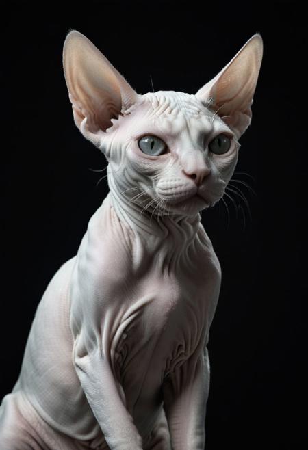 by Helmut Newton, hyper realistic greyscale photo of a pure white sphynx cat,  (monochrome, chiaroscuro, photorealistic, professional, masterful:1.4), hyper detailed, award winning,  limited monochrome palette, extremely high contrast, ivory and black hue,  (intricate details, masterpiece, best quality:1.4),
dramatic cinematic lighting,  wide angle panoramic view, simple black  background, dynamic,
<lora:add-detail-xl:0.5> <lora:xl_more_art-full_v1:0.5>