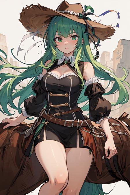 (finely detailed, distinct image, ultra resolution, extremely amazing detailed, awesome detailed), subsurface scattering, best ratio four finger and one thumb, masterpiece, best quility, high_quality, (1girl:1.2), solo, old (madam:1), light green hair, blunt bangs, multicolored eye, tan, Horseback riding, horse, saddle, trail, cowboy hat,