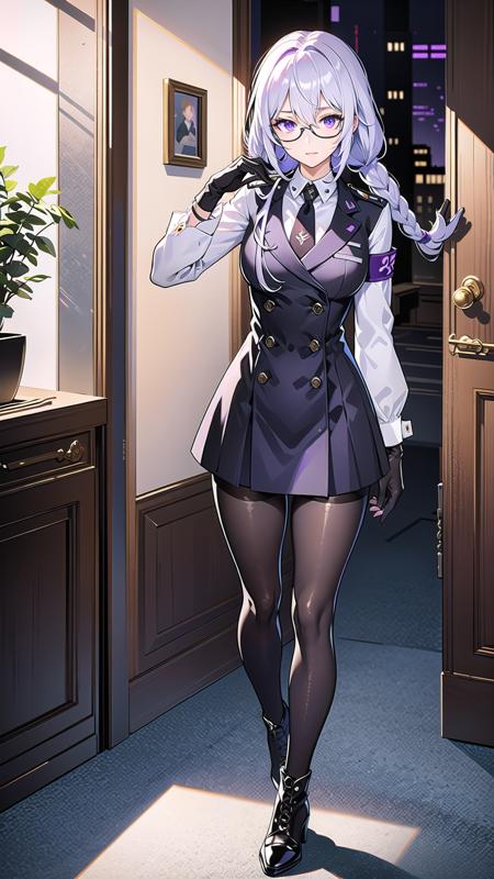 masterpiece, best quality,hoduraether, 1girl, solo,Full body, pantyhose, long hair, necktie,standing, indoors, black footwear, boots, gloves, double-breasted, armband, buttons, braid, black uniform, glasses, bangs, long sleeves, shirt, black pantyhose, hair between eyes, collared shirt, purple eyes, white shirt, black gloves, purple necktie, white hair, military uniform, black pantyhose, <lora:HodurAetherGazerV1-000008:1>