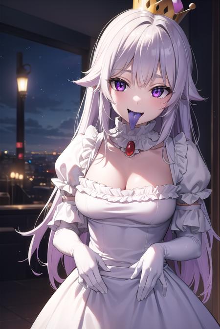 princesskingboo, <lora:princess king boo-lora-nochekaiser:1>,
princess king boo, crown, fangs, long hair, (purple eyes:1.1), sharp teeth, super crown, teeth, tongue, (tongue out:1.5), pale skin,
BREAK cleavage, dress, elbow gloves, gloves, white dress, white gloves, frills, juliet sleeves, puffy sleeves,
BREAK indoors, castle, night, sky, clouds,
BREAK looking at viewer, (cowboy shot:1.5),
BREAK <lyco:GoodHands-beta2:1>, (masterpiece:1.2), best quality, high resolution, unity 8k wallpaper, (illustration:0.8), (beautiful detailed eyes:1.6), extremely detailed face, perfect lighting, extremely detailed CG, (perfect hands, perfect anatomy),