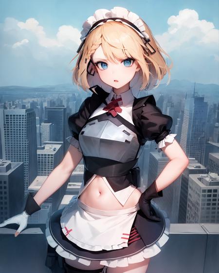 (extremely detailed CG unity 8k wallpaper),(masterpiece), (best quality), (ultra-detailed), (best illustration),(best shadow), cowboy shot, (sharp eyeliner, eyeshadow, detailed eyes:1.1), city background
,BREAK
(G36MOD:1.2), miniskirt, midriff, maid headdress, armor,
<lora:(p)G36:1>