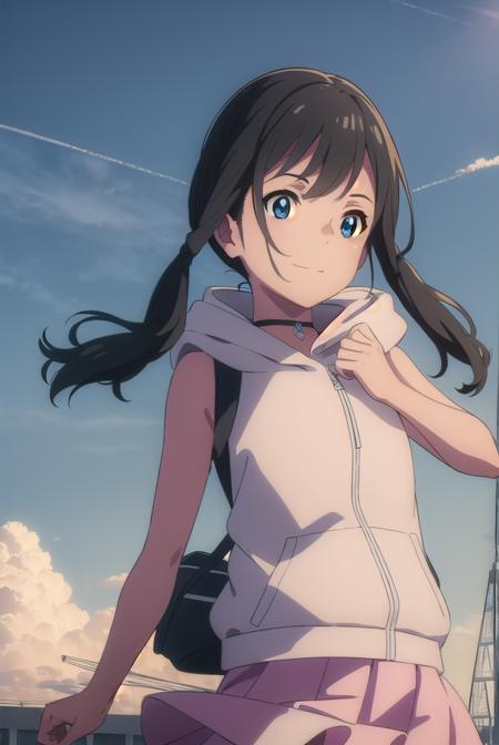 hinaamano, <lora:hina amano movie-lora-nochekaiser:1>,
hina amano, black hair, twintails, blue eyes, smile,
BREAK skirt, jacket, sleeveless, choker, hood, bag, hoodie, white jacket, backpack, hood down, hooded jacket, pink skirt, sleeveless jacket, sleeveless hoodie,
BREAK outdoors, sky, day, cloud, sunlight, cloudy sky, wind, light rays,
BREAK looking at viewer, (cowboy shot:1.5),
BREAK <lyco:GoodHands-beta2:1>, (masterpiece:1.2), best quality, high resolution, unity 8k wallpaper, (illustration:0.8), (beautiful detailed eyes:1.6), extremely detailed face, perfect lighting, extremely detailed CG, (perfect hands, perfect anatomy),