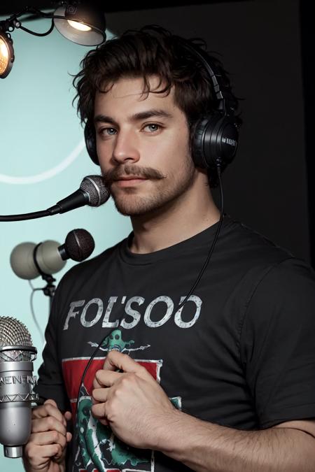 Dewey Finn,  (masterpiece,  best quality,  ultra-detailed,  highres), male focus,  facial hair,  1boy, ((solo focus)),  male focus,  facial hair,  solo,  shirt,  microphone,  headphones,  black shirt,  beard,  meme,  upper body,  looking at viewer,  microphone stand,  black hair,  t-shirt,  mustache,  short sleeves,  :),  official art,  masterpiece,  extreme light and shadow,  rim lighting,  film quality, <lora:EMS-47352-EMS:0.800000>