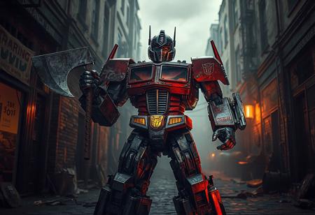 "Capture a highly detailed, lifelike image of Optimus Prime standing dominantly in a dark, post-apocalyptic alley, wielding a battleaxe. Utilize a golden ratio composition with heroic proportions and intricate details. Incorporate elements of trading depots, cobblestone roads, and a dredged seabed. Add magic lighting overlays and subtle color schemes of yellow, red, and blue. Present it in 8k resolution with octane render and post-processing techniques, emulating the style of artists like Vincent Di Fate, Artgerm, and Beeple."