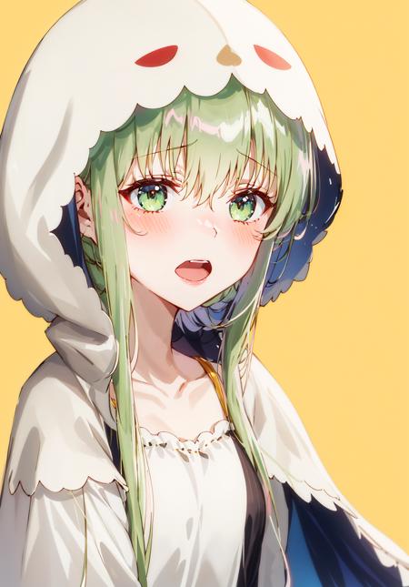 1girl, Cecilia, @_@, animal_hood, bangs, blush, close-up, collarbone, embarrassed, eyebrows_visible_through_hair, face, hair_between_eyes, head_scarf, hood, hood_up, long_hair, looking_at_viewer, nose_blush, open_mouth, orange_background, portrait, simple_background, solo, wavy_mouth <lora:chara_Cecilia:0.7>