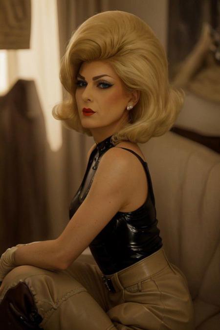 (long eyelashes, thin eyebrows, eyeshadow, skin wrinkles, old face, Bouffant Hair, bouffant hair, heavy makeup, old, blonde hair, red lipstick, a woman with red lipstick,:1.5), wide shot photo of a drag queen dressed as(dressed like a dominatrix, latex tank top, pants, belt, gloves, boots:1.5), seductive, detailed eyes, full body portrait, shy smile, amidst emerald meadows, studio light, perfect eyes, winged eyeliner, holding a lasagna, centered, a photorealistic, golden daylight, backlight rim lighting, the orton effect, subtractive lighting, tilt-shift, cinematic, captured with a 85mm lens, bokeh, bokeh lighting, in the style of jessica drossin, soft lighting, detailed, RAW, analog, sharp focus, (photorealistic:1.3), (shadows:1.2), (intricate details:1.5), (sharpen details), background sun lens flare, sunshine, daylight, sky, photo by photographer Helmut Newton, highly detailed, sharp focus, cinematic lighting, dynamic poses, stunningly beautiful, captivating, enigmatic, exhibitionist, soft light, twilight, digital, high, ethereal lighting, dynamic composition, serene expression, primal energy, elemental beauty, high resolution, uhd, hdr, vogue photoshoot, Laocon, iris flare light