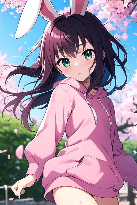 masterpiece, best quality, 1girl, solo, rabbit ears, pink hair, green eyes, pink flower hoodie, looking at viewer, outdoors, cherry blossoms, wind,