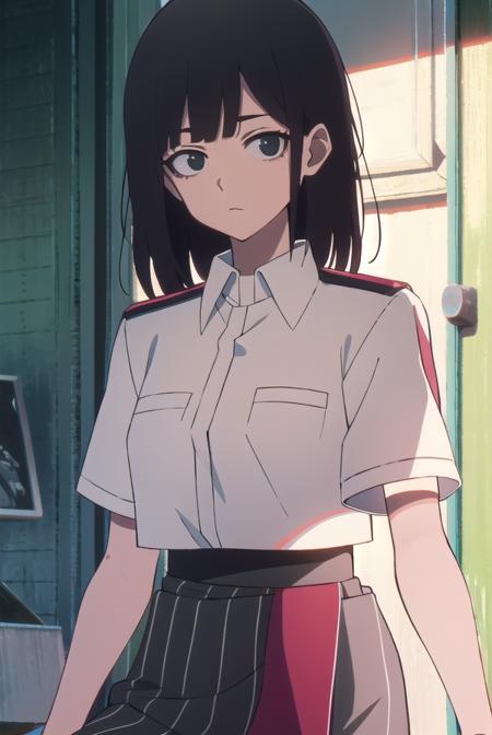 lingqiao, <lora:lingqiaotest:1>, 
ling qiao, bangs, black hair, medium hair, (black eyes:1.5),
BREAK skirt, shirt, white shirt, short sleeves, collared shirt, black footwear, red skirt, sandals, pocket, long skirt, shirt tucked in, breast pocket,
BREAK looking at viewer,
BREAK outdoors, city,
BREAK <lora:GoodHands-vanilla:1>, (masterpiece:1.2), best quality, high resolution, unity 8k wallpaper, (illustration:0.8), (beautiful detailed eyes:1.6), extremely detailed face, perfect lighting, extremely detailed CG, (perfect hands, perfect anatomy),