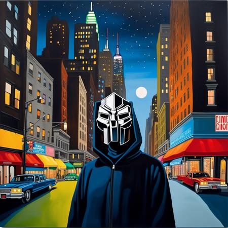 painting of MF DOOM, nighttime, new York city, George Condo Style, horror(theme),  <lora:MBTDF xl-000004:0.9>