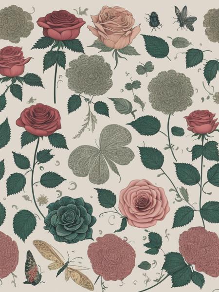 <lyco:MariaSibyllaMerian:1.0> linoprint of floral pattern, variety of different roses, Insects Vintage French Art ,intricate and detailed design, organic pattern, muted colors, unique and hand-crafted aesthetic, white background, flat, poster print composition, 8k