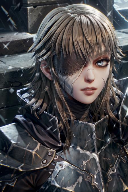 (masterpiece, best quality)
SoulsticeBriar, 1girl, solo, long hair, looking at viewer, short hair, bangs, blue eyes, simple background, parted lips, armor, lips, grey eyes, scar, bandages, eyepatch, portrait, scar on face, realistic, scar on nose
<lora:epi_noiseoffset2:1>  <lora:add_detail:0.7>   <lora:SoulsticeBriar:1>