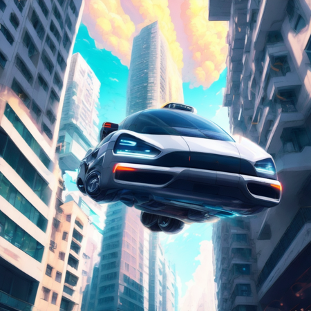 (hovercar style:1) car flying through the air, tall buildings <lora:djzHoverCar_v21:1>