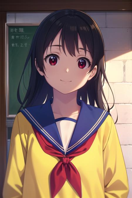 inarifushimi, <lora:inari fushimi s1-lora-nochekaiser:1>,
inari fushimi, long hair, black hair, (red eyes:1.3), smile,
BREAK skirt, school uniform, serafuku, blue sailor collar, shirt, (light yellow shirt:1.5), long sleeves, blue skirt, neckerchief, (red neckerchief:1.5),
BREAK indoors, classroom,
BREAK looking at viewer, (cowboy shot:1.5),
BREAK <lyco:GoodHands-beta2:1>, (masterpiece:1.2), best quality, high resolution, unity 8k wallpaper, (illustration:0.8), (beautiful detailed eyes:1.6), extremely detailed face, perfect lighting, extremely detailed CG, (perfect hands, perfect anatomy),