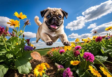 Highly detailed photograph of a pug puppy leaping through the air above a field of colorful flowers. Floppy ears, big eyes, very cute, very happy, joyful. Blue sky with fluffy clouds. Bright sun, god rays.