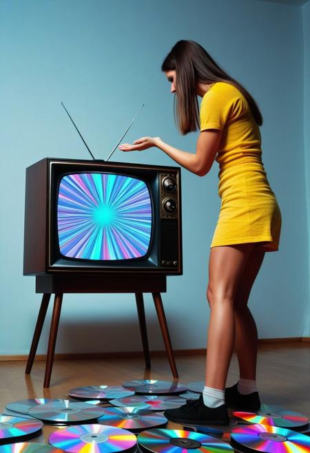 A young woman standing, bowing and smacking (an open retro TV with bright noise pattern playing on the screen) in a room made of cd's.