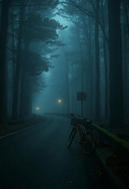 foggy forest road in deep königsblau tones — narrow path winding through tall, shadowy trees, their silhouettes blurred by thick mist. The air is dense and quiet, filled with soft ambient light filtering through branches. Wet asphalt reflects the faint glow of distant lamps. An old bicycle lies gently against a mossy guardrail, forgotten. Leaves drift slowly through the air. Perfect for a slow dolly motion — moody atmosphere, cinematic depth, soft focus layers, melancholic and intimate, One Heart style, 4K, ultra-detailed, emotional silence, soft blue haze.