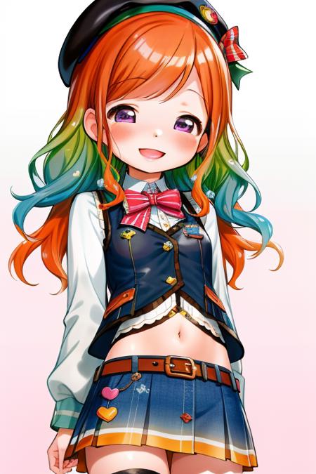 vest, miniskirt, thighhighs, beret, buttons, belt, midriff, :D, henreader girl, takanashi kiara, hololive, purple eyes, long hair, orange hair, gradient hair, green hair, masterpiece, best quality