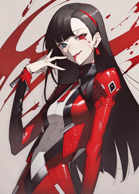 best quality, masterpiece, highres, pseudo-impasto, amazing artwork, aesthetic wallpaper, illustrated by naji yanagida, extremely delicate and beautiful, 1girl, solo, black hair, long hair, tongue out, heterochromia, looking at viewer, blood, blooded suit, chocker, necktie, sleeves