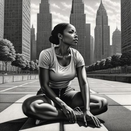 Hyper-realistic detailed pencils drawing. Close up. African American Woman sitting on the ground with legs bent, knees to chin, and arms outstretched to each side, head tilted to the side resting on knees. Medium shot. Softly rendered oblic light on her face. Dark cityscape in the background with towering skyscrapers. High contrast, detailed textures, precise lines, perfectly centered. Desolate urban atmosphere. Extremely detailed morphology, flawless proportions, reminiscent of Richard Estes. Completely realistic drawing, accurate proportions and anatomy. Photorealism.