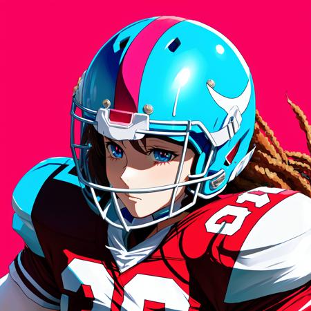 anime girl football player wearing light blue and white football uniform, (shoulder pads), pink hair, (football pads), sports anime, american football, long flowing hair, (large anime eyes), gridiron, (long hair), sportswear, shoulder pads, ((football helmet)), perfect hands, feminine, ladylike, womanly, beautiful face, ((helmet face mask bars covering lower face)), american football object,speed flex helmet, sailor school girl uniform, bow tie, sailor skirt, football pants, gloves, long socks, jersey numbers, anime aesthetic, realistic proportions, tackle football, masterpiece, best quality, realistic shaded, perfect face, fine details, perfect lighting