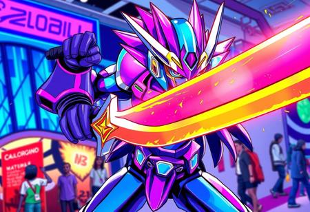 A vibrant and energetic digital illustration, infused with a bold splash ink illustration style and sharp lines, depicting a Yu-Gi-Oh! cosplayer in a powerful, dynamic action pose. The robot-like figure, rendered with super detailed clothes and beautiful detailed eyes, radiates in multi-colored purple and blue, wielding a large, imposing sword with precision in their right hand. Their matching helmet gleams under captivating lighting, set against an attractive background of a convention scene with a distinctive blue and purple building. The overall scene exudes a lively and colorful atmosphere, conveying vivid emotions and a joyful impact. This piece demonstrates contemporary aesthetics and a Grammer Effect Style, with handcrafted precision and an impeccable composition from a creative angle. High Quality, More Detail, Super Detailed Face, Stunning Colors, Harmonious Colors, Balanced Editing, Intentional Focus, Well-timed Moment, Isometric, Powerful Message. CGSociety, Artstation Trending on ArtstationHQ.
