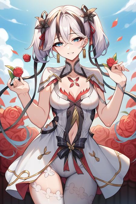 camellya, long hair, twisted hair, blue eyes, twintails, white hair, black streaks, hair flower, dress, white dress, jewelry , light smile, navel cutout, clothing cutout, flower thighhigh, white thighhigh,