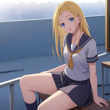 ((masterpiece)),((highres)),((best quality)),((highly detailed)),((extremely detailed CG unity 8k wallpaper)),illustration,Ushio,medium breasts,facing viewer,:o,(school uniform:1.3),rooftop,sitting,arm at side,