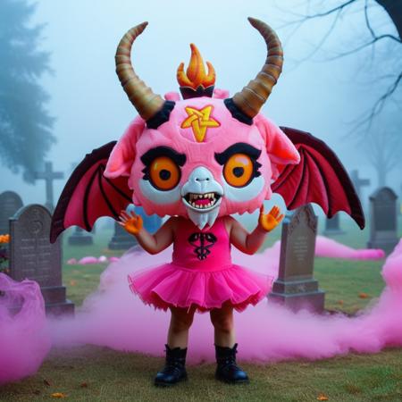 baphy_plushies, esoteric_baphy, big_horns_baphy, winged_baphy, fangs, sharp teeth,  standing in a foggy cemetery, pink and orange baphy, in the background a rave party, she's wearing a little dress, ((he's floating above the ground)) with one hand up, one hand down, ultra detailed, ultra quality, cinematic, dramatic lighting   <lora:Baphies-Plushies-000013:1>