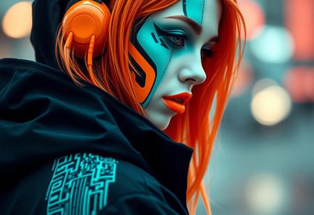 cyberpunk, closeup portrait of a woman with a half robot face, pastel teal/orange colored,  wearing a black high collar hooded parka with technical macro writing resembling an qr-code//bar-code on the back, solo, woman, high collar parka,